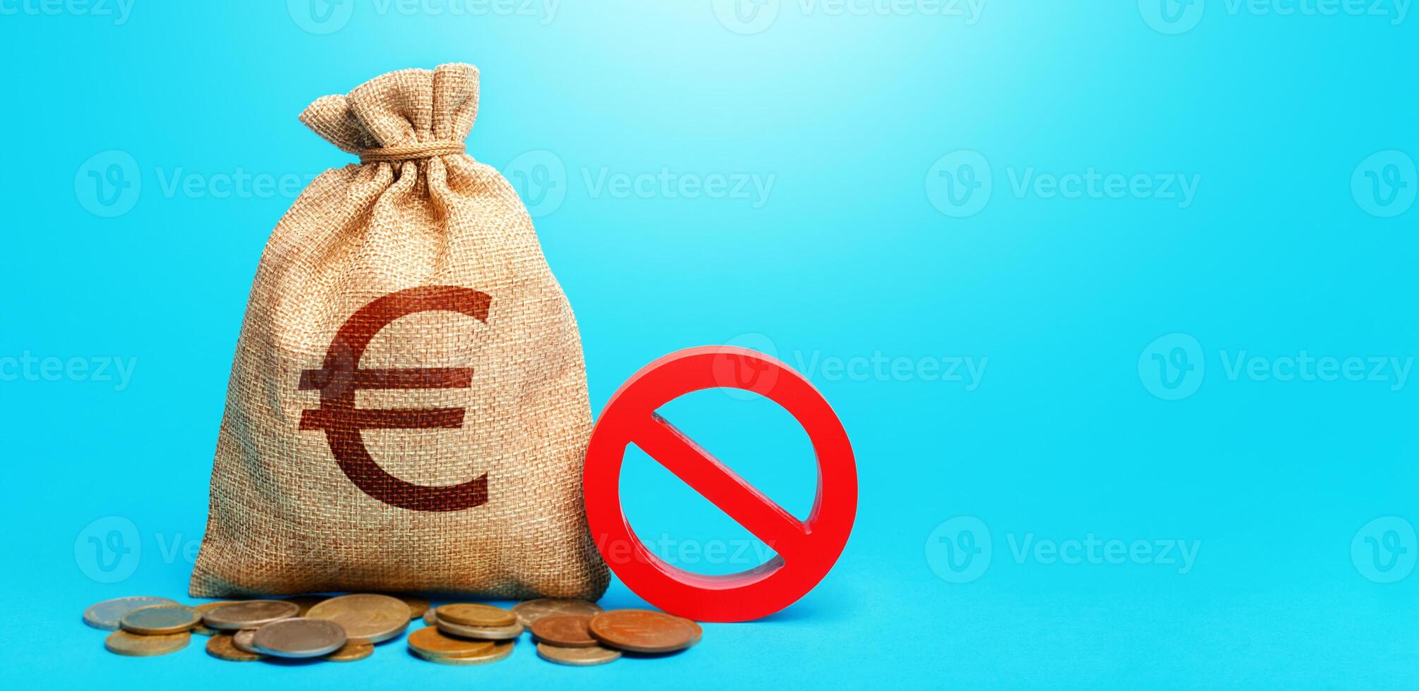 Euro money bag and red prohibition sign NO. Forced withdrawal of deposits. Monetary restrictions, freezing seizure of bank accounts. Termination funding for projects. Monitoring suspicious money flows photo