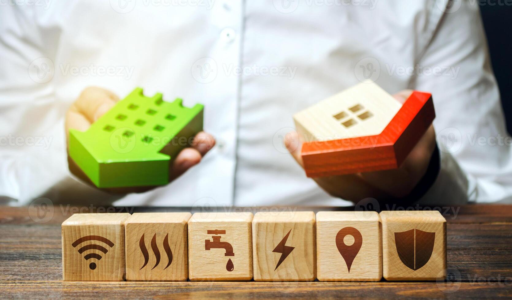 Real estate buyer chooses best option and blocks with communal services symbols attributes. Utilities public service. Choosing most economical housing. Reducing costs, saving energy, natural resources photo