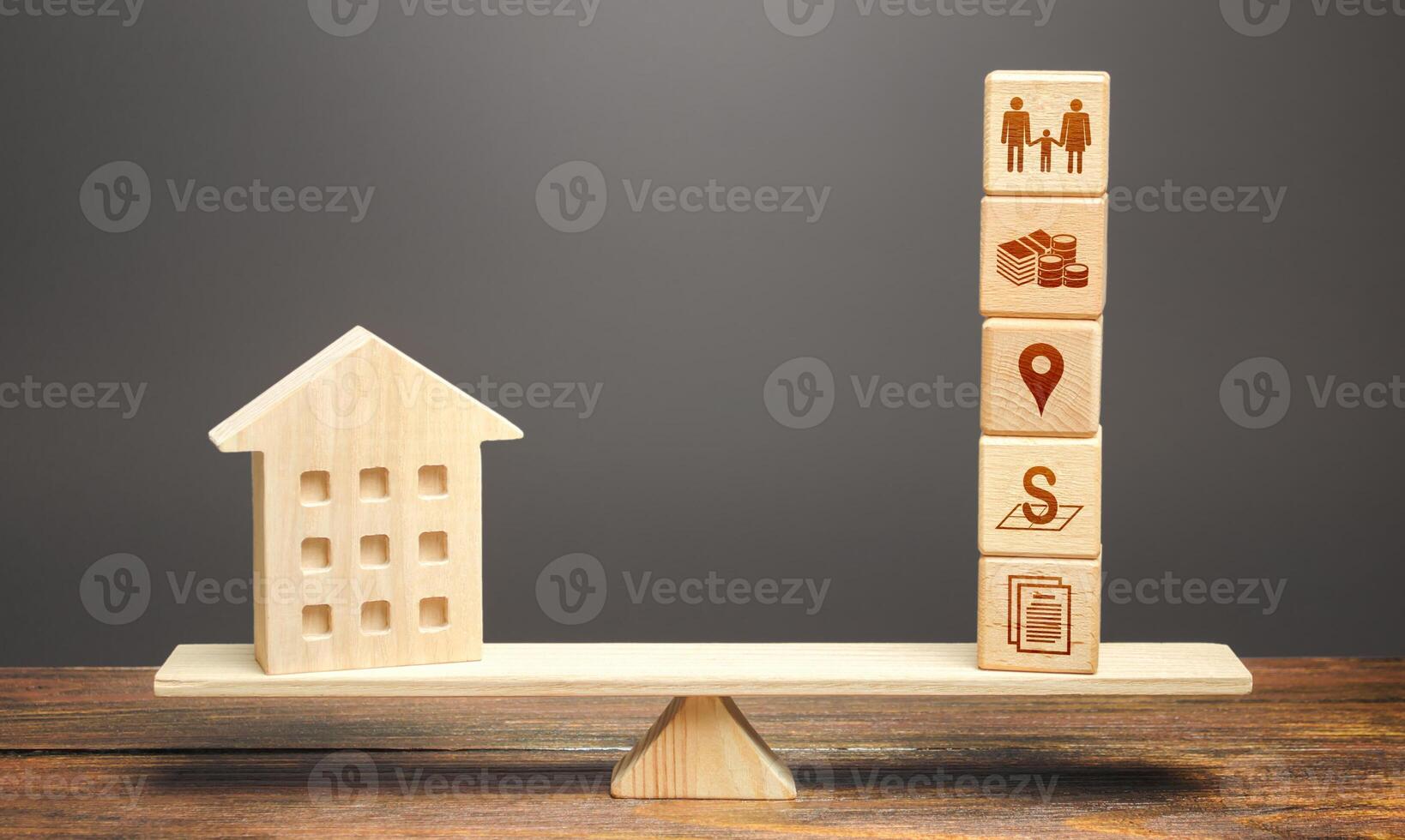House and blocks of real estate parameters on scales. Searching for a suitable house by criteria. Realtor services. Price, area, location and infrastructure. The best home choice on the market. photo