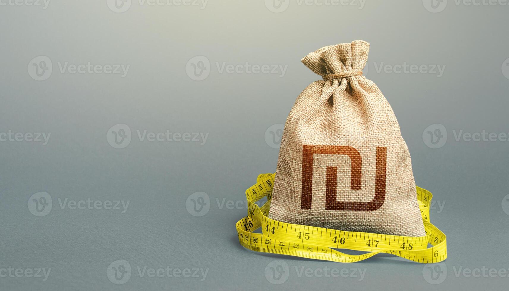 Israeli shekel money bag and measuring tape meter. Analysis of economic situation. Declaration of income, illegal. Formation and optimization of the budget, savings. Assessment of capital. photo