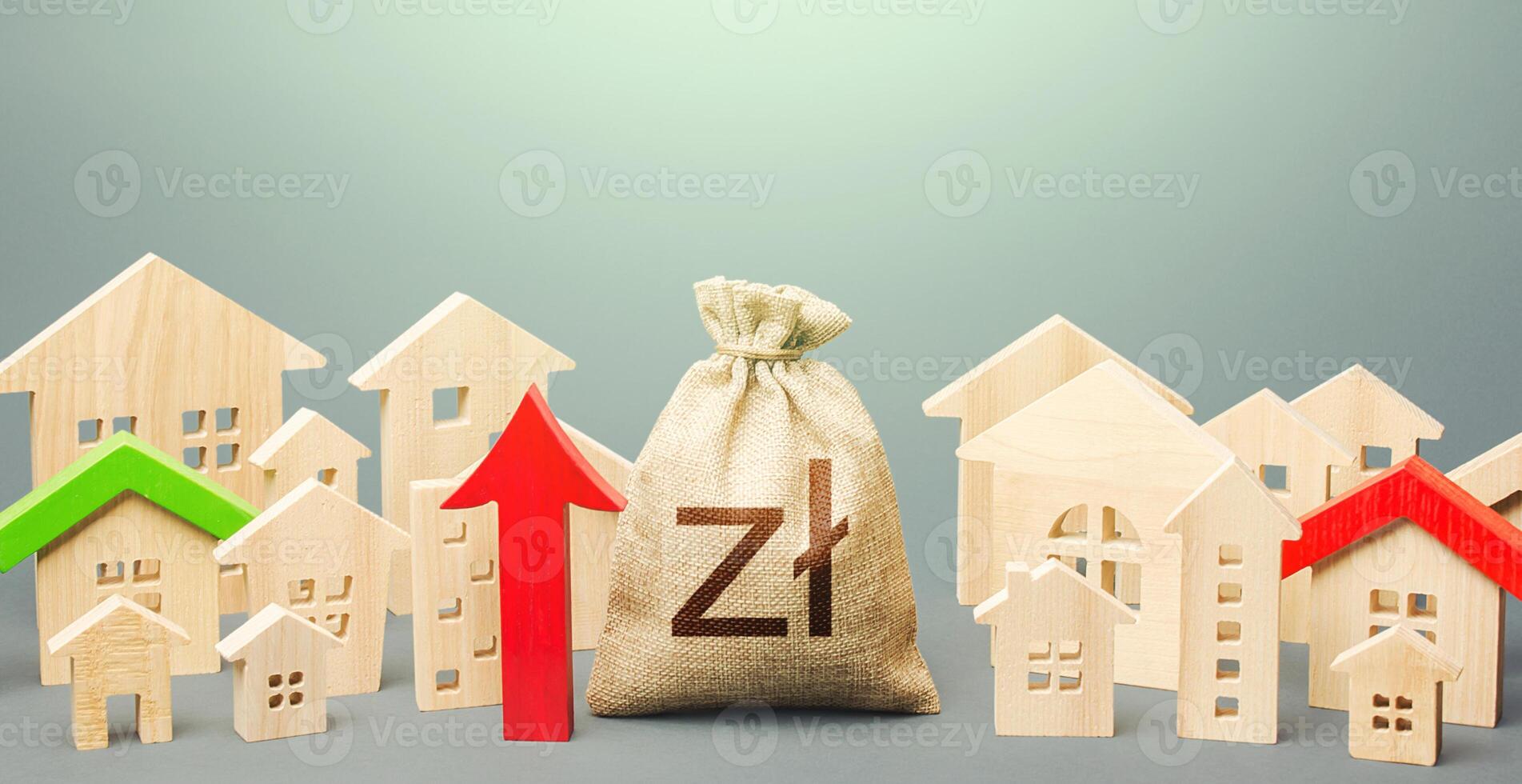 Polish zloty money bag and a city of house figures and red up arrow. Recovery and growth in property prices, high demand. Rent growth. Investments. Increase in revenues to municipal budget. photo