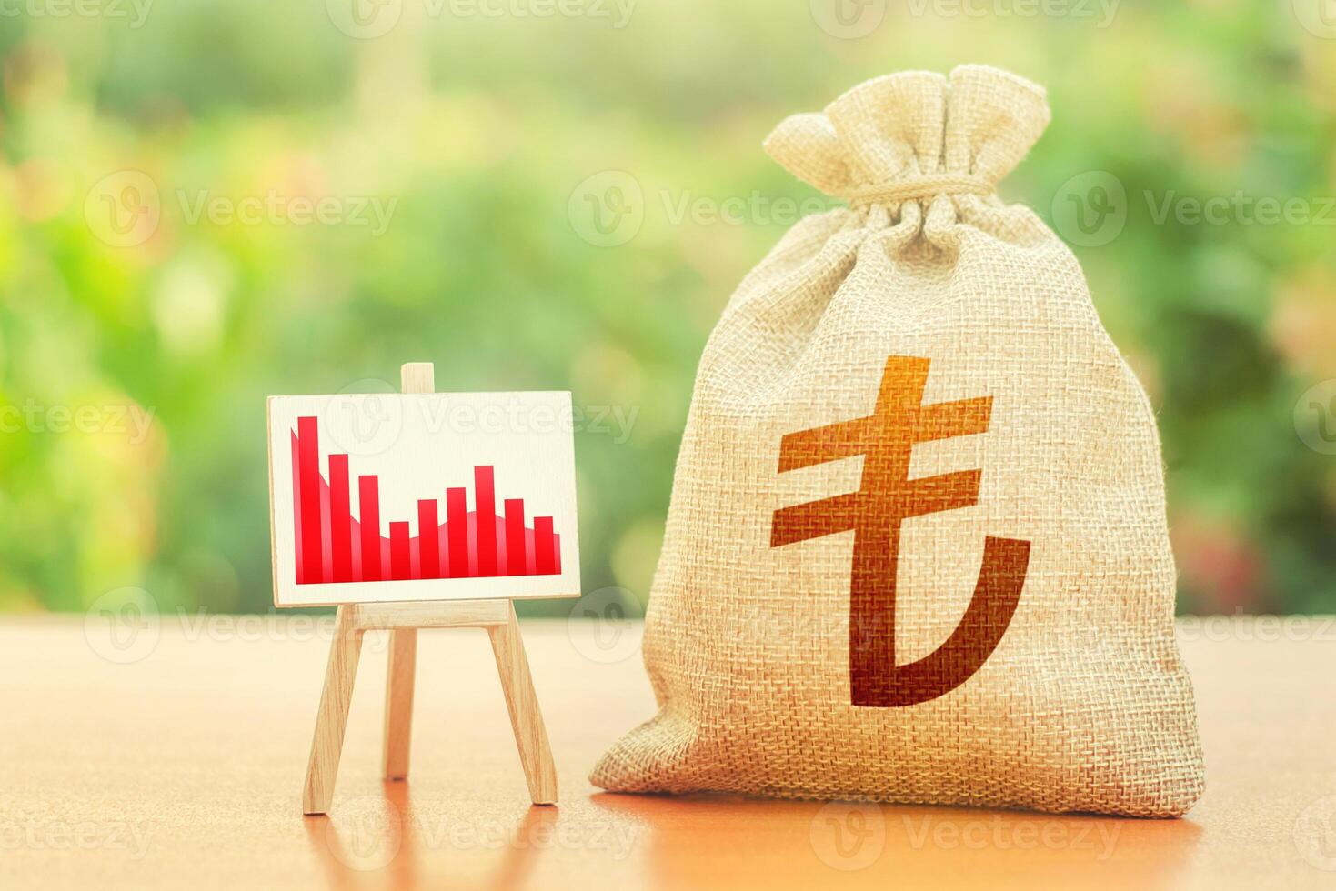 Turkish lira money bag and easel with red negative growth graph chart. Negative reactions to economies and currencies to external factors and new sanctions. Economic stagnation and recession. photo