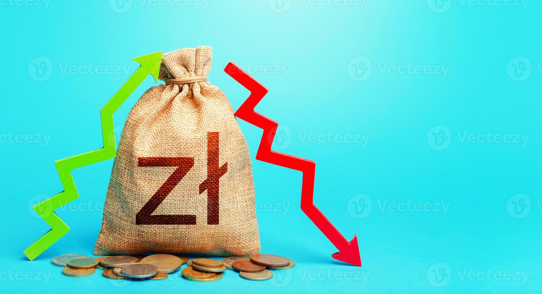 Polish zloty money bag and two arrows of profit loss. Income expense concept. Debit and credit. Budget implementation. Trade balance. Deposits or lending in banks. Financial flows. Capital movement. photo