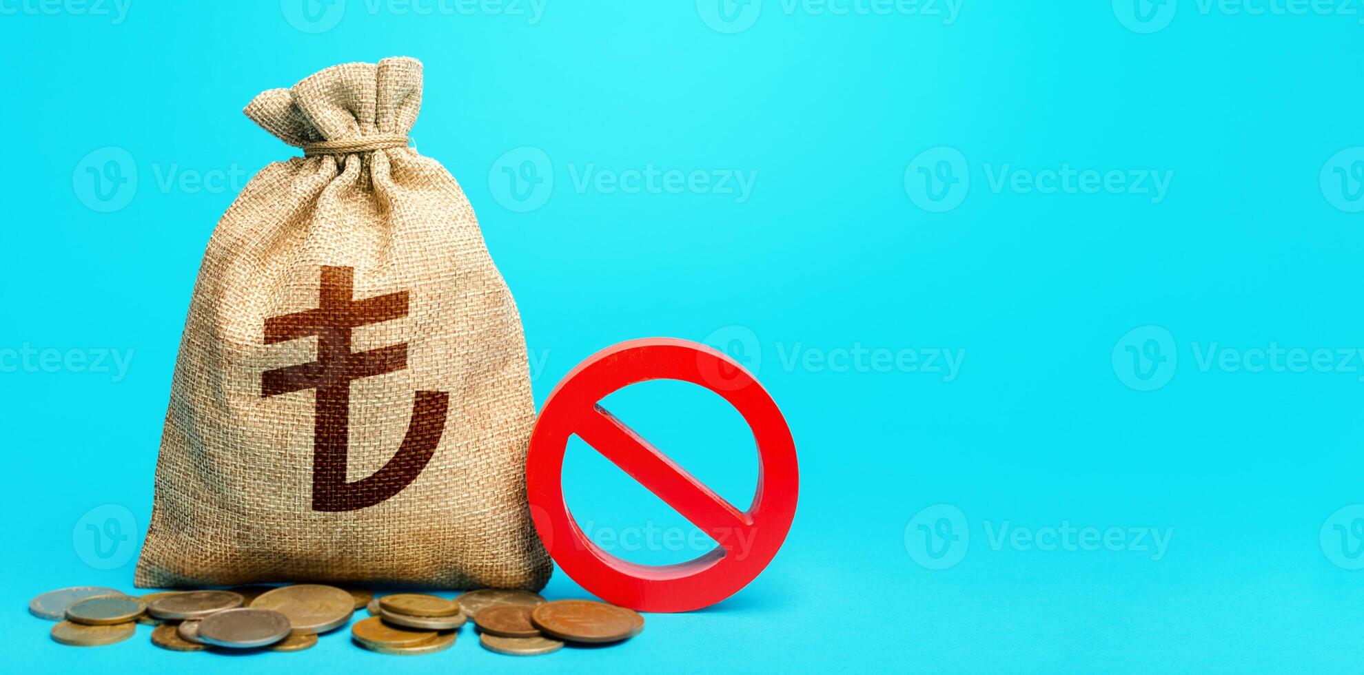 Turkish lira money bag and red prohibition sign NO. Confiscation of deposits. Termination projects. Monitoring suspicious money flows. Monetary restrictions, freezing of bank accounts. photo