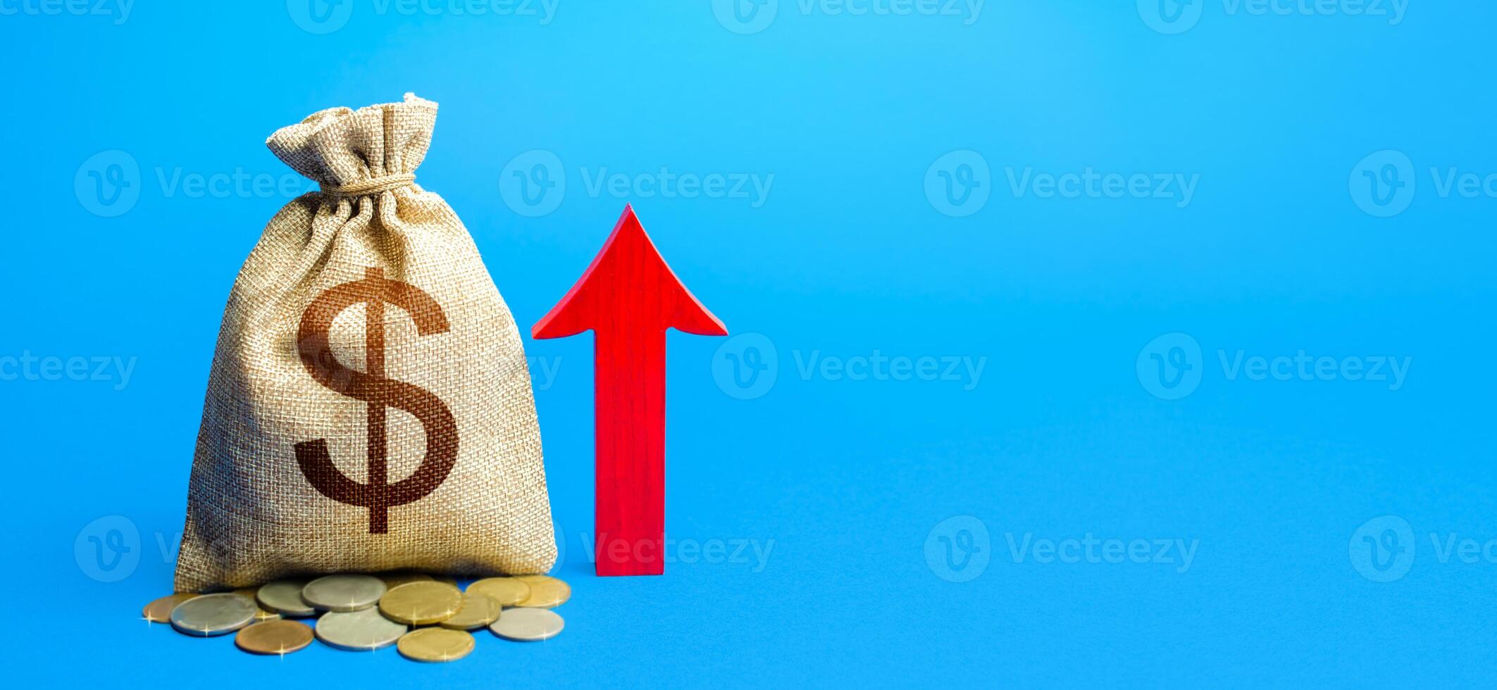 Dollar money bag with red arrow up. Increase in profitability and prosperity, higher living standards. Deposit interest. Recovery of the financial system after the crisis. Raising taxes. Budget growth photo