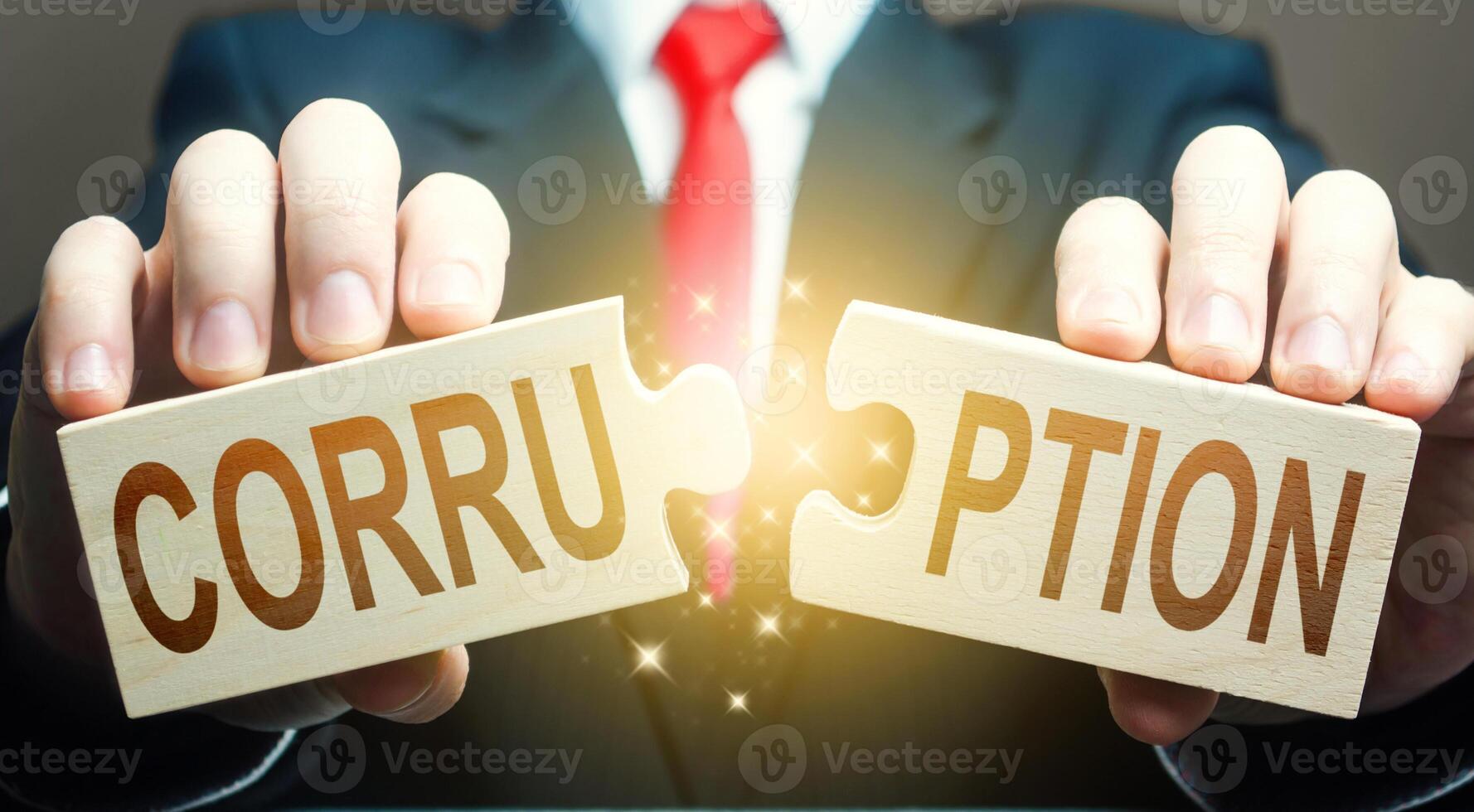Man breaks the corruption puzzle. Fight against corruption and illegal enrichment. Stop money laundering. Digitalization of government public services. Effective state management. Discourage schemes photo