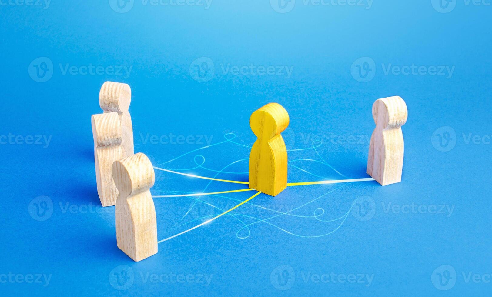The yellow person acts as mediator between people. Bridging parties, communication. Easy negotiation process, elimination of bureaucratic obstacles and barriers. Refer new customers, provide services. photo