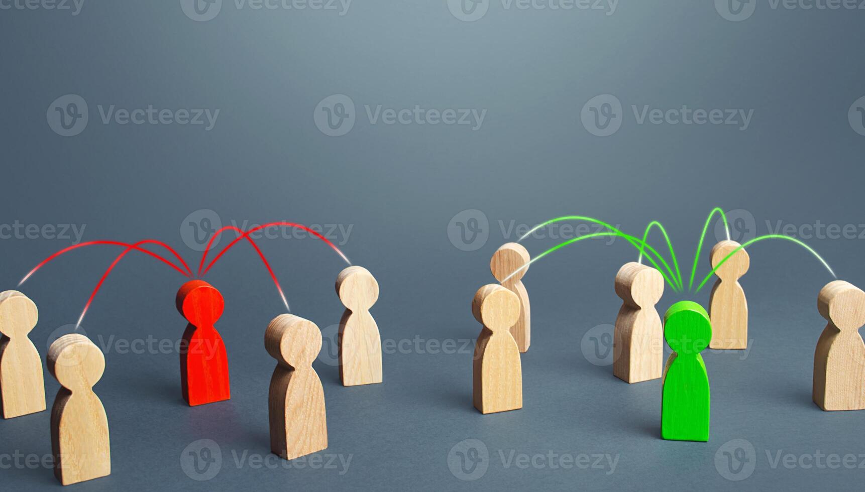 Red and green persons compete for influences on other people. Luring people to their side, imposing opinions. Fight for the minds. Build support, strengthen your position in a dispute or election. photo