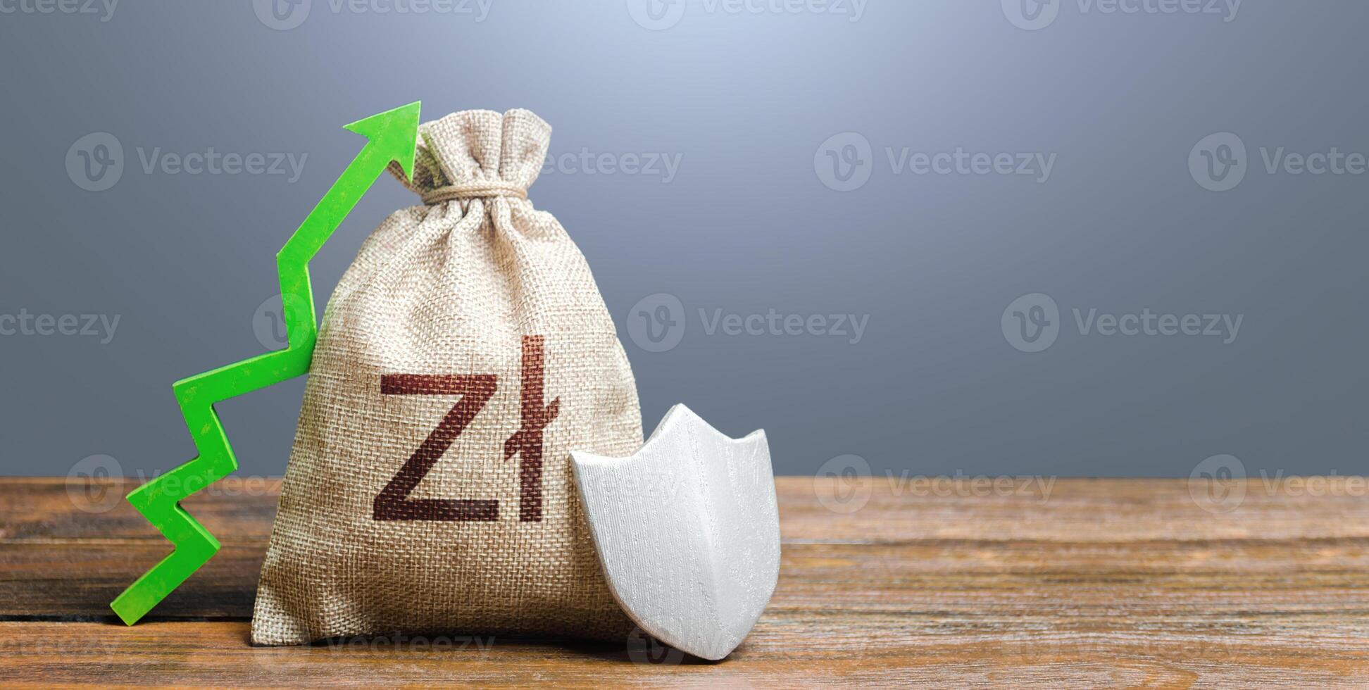 Polish zloty money bag with a shield and a green arrow up. Increasing the maximum amount of guaranteed deposits insurance compensation. Safety security of investments, financial system stability. photo