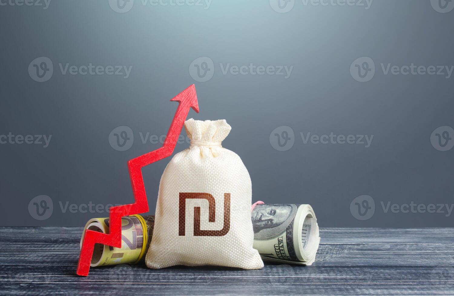 Israeli shekel money bag and red arrow up. Growth of economy and increase of investment attractiveness. Recovery. Stable currency. Rising inflation, money supply. Developing markets. Reserve fund photo