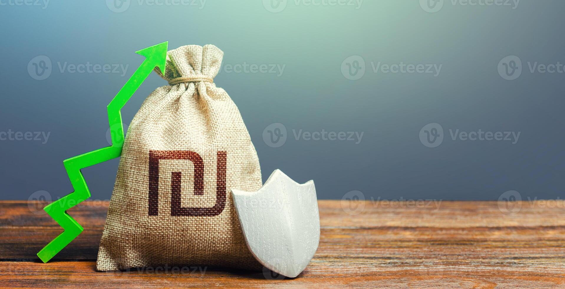 Israeli shekel money bag with a shield and a green arrow up. Increasing the maximum amount of guaranteed deposits insurance compensation. Safety security of investments, financial system stability. photo