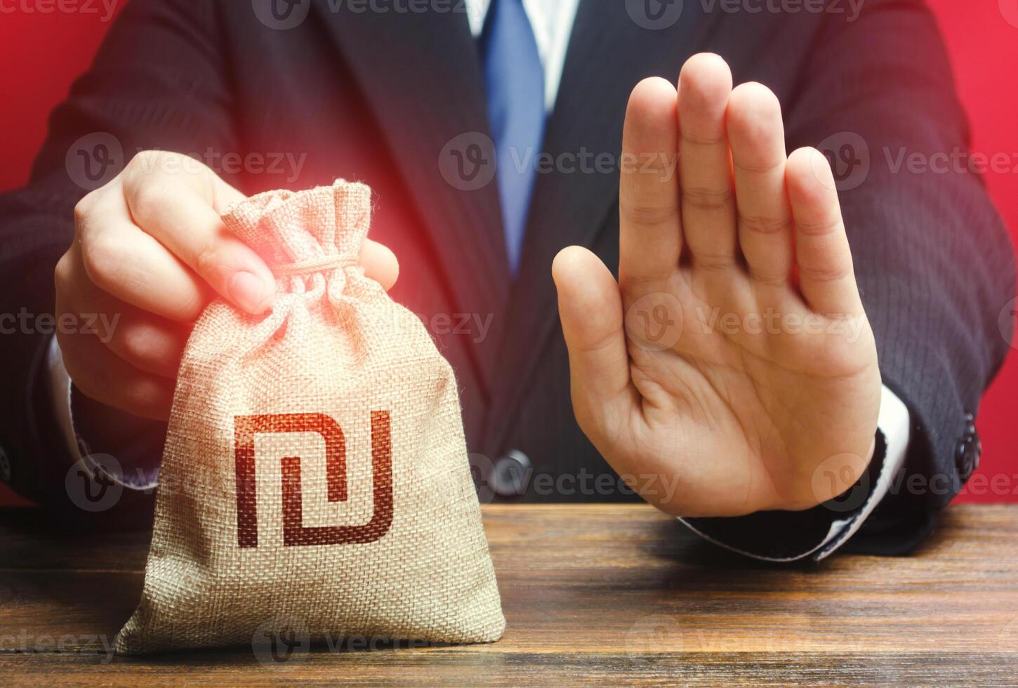 Businessman refuses to give Israeli shekel money bag. Asset freeze. Stop financing projects and reforms, crisis financial difficulties. Loan refusal, bad credit history. Payment refund. Deception photo