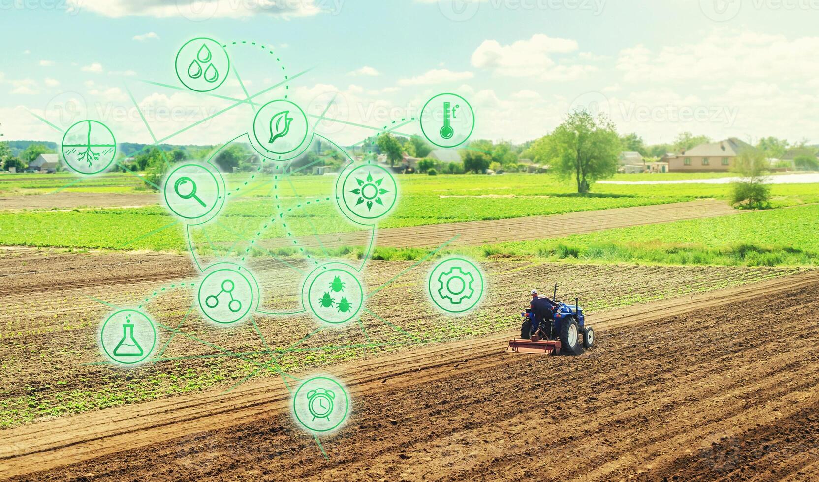 Futuristic innovative technology pictogram and a farmer on a tractor. Science of agronomy. Farming and agriculture startups. Improving efficiency. Technology Improvement in quality and yield growth. photo