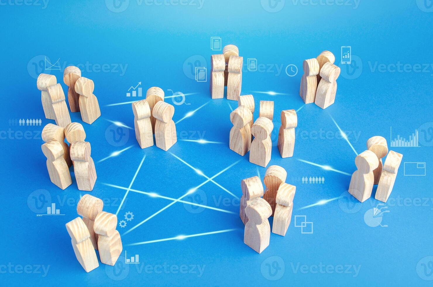 Many related teams in the company do the work in cooperation. Coordination and knowledge sharing. Business model of autonomous groups without middle managers. Self-organization structure innovation photo