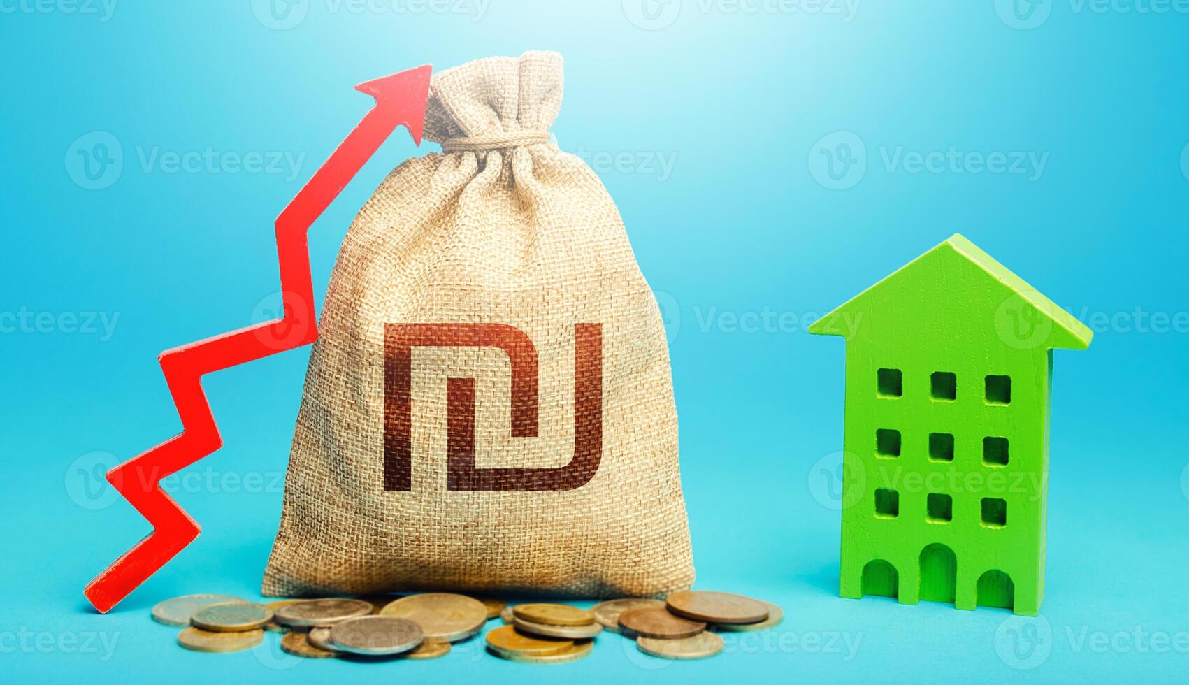 Israeli shekel money bag with red up arrow and residential building. Recovery and growth in property cost. Return on investment. Increase in prices for apartments and housing. Municipal budget. photo