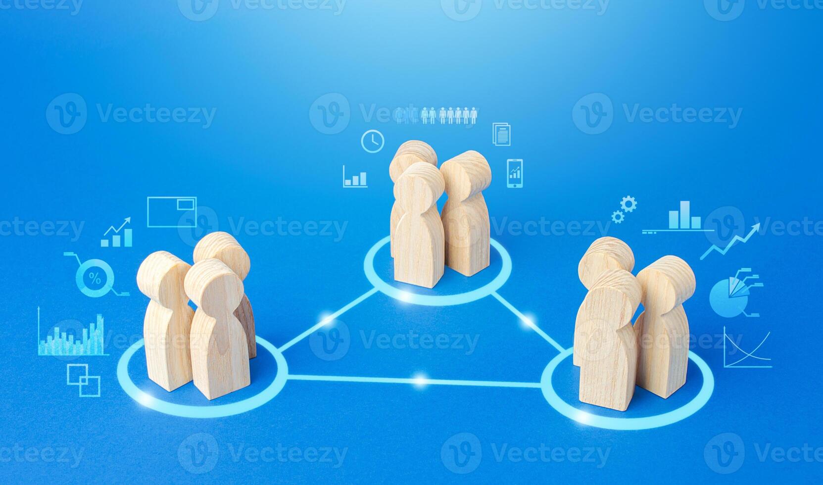 Three groups of people are connected by lines. Coordination and knowledge sharing. Outsourcing. Business model of autonomous groups. Self-organization structure innovation. High company team autonomy photo
