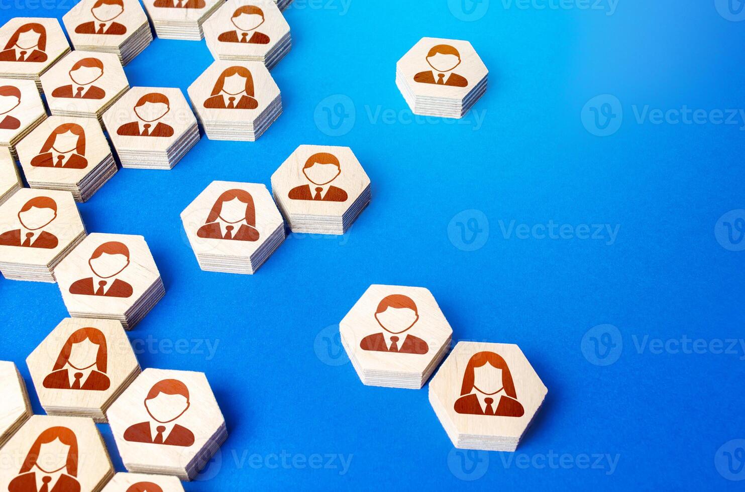Heterogeneous social structure of employee hexagons. Recruiting and personnel management. Process of creating a business single group hierarchy or company fall apart. Cooperation. Strength is in unity photo