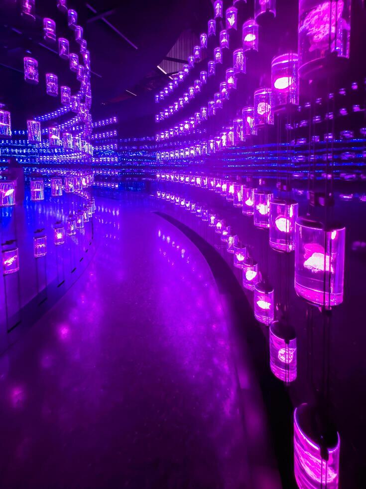 Dubai, UAE - May 28, 2024 Lights display in the Museum of the Future, vertical view. photo