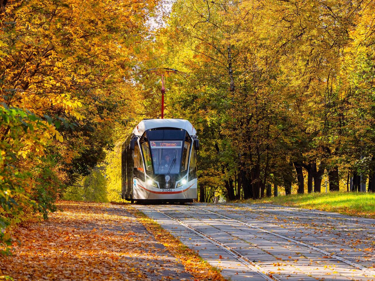 Russia, Moscow, September,30 2020 Tram rides in the autumn tunnel. Tram rails in the corridor of the yellow autumn trees in Moscow. photo