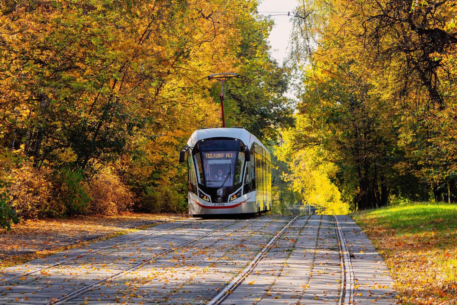 Russia, Moscow, September,30 2020 Tram rides in the autumn tunnel. Tram rails in the corridor of the yellow autumn trees in Moscow photo
