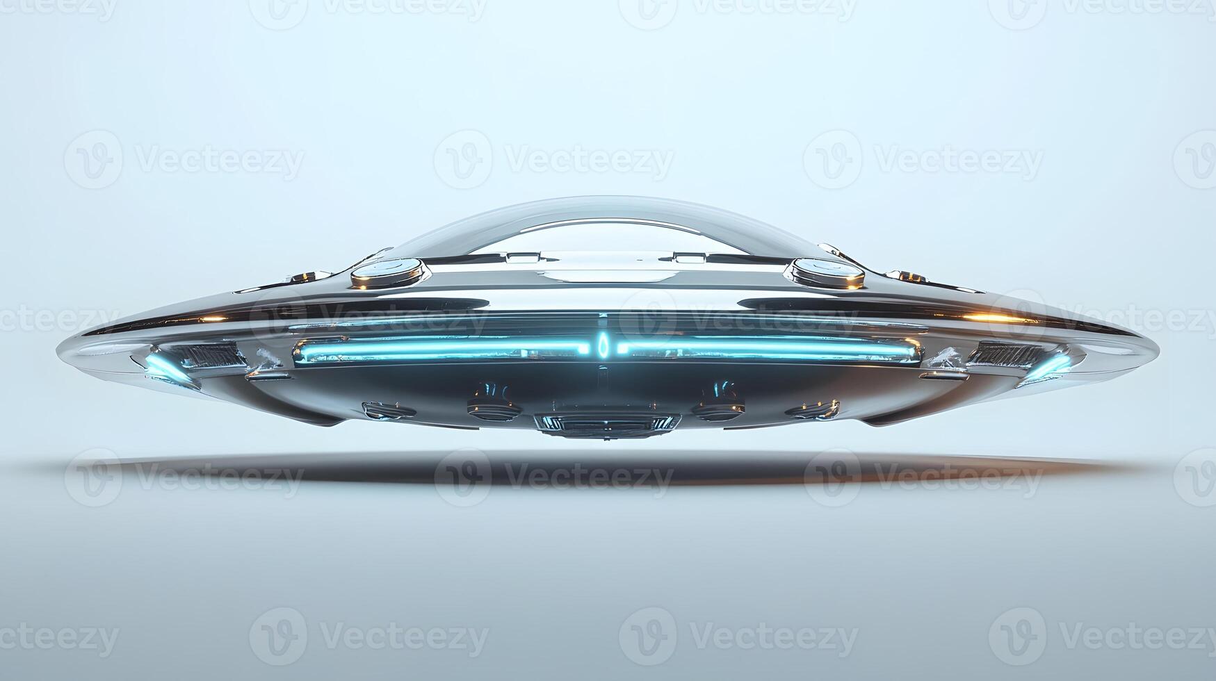 Futuristic silver UFO spacecraft with glowing blue energy rings and transparent dome, rendered in 3D with chrome textures and dramatic lighting against white background. technological photo