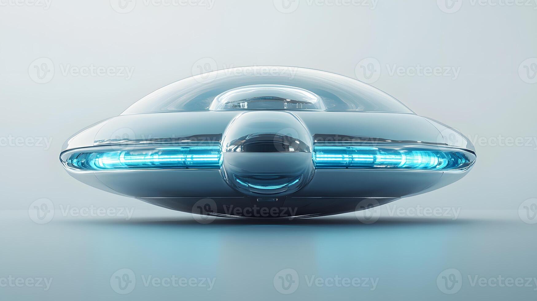 Futuristic silver UFO spacecraft with glowing blue energy rings and transparent dome, rendered in 3D with chrome textures and dramatic lighting against white background. vessel photo