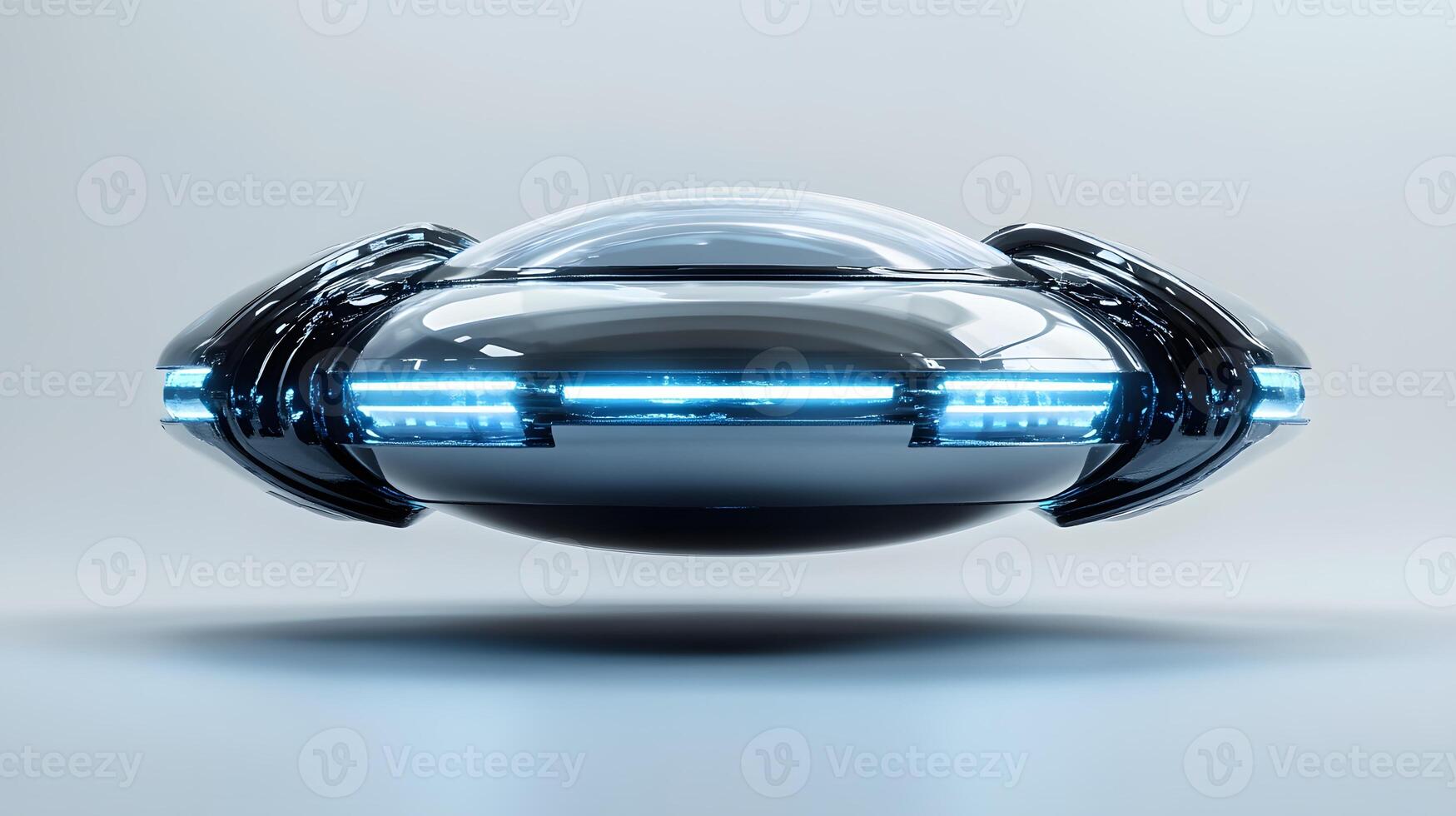 Futuristic silver UFO spacecraft with glowing blue energy rings and transparent dome, rendered in 3D with chrome textures and dramatic lighting against white background. hightech photo