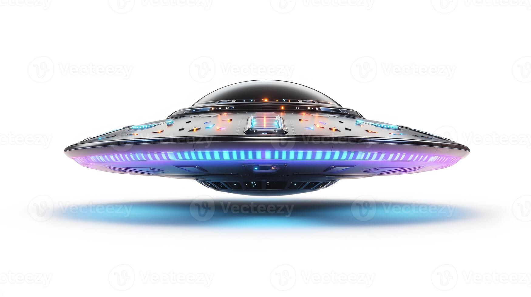 Futuristic silver UFO spacecraft with glowing blue energy rings and transparent dome, rendered in 3D with chrome textures and dramatic lighting against white background. sleek photo