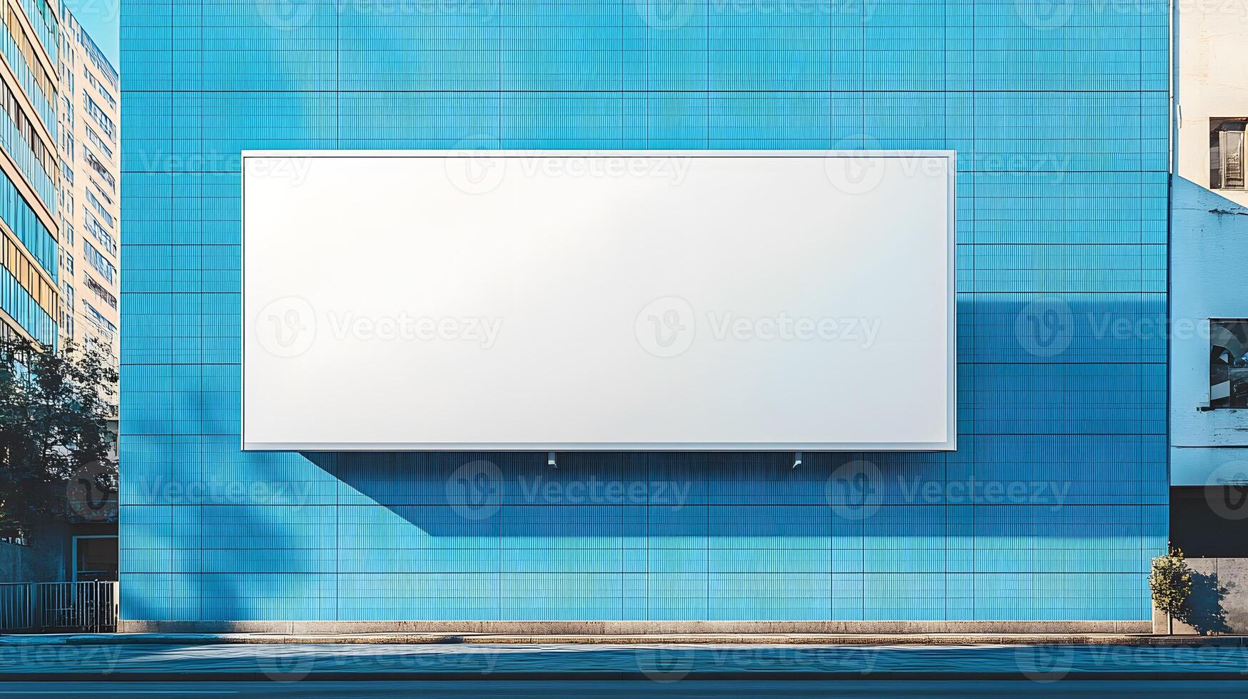 Large blank white billboard displayed against blue tiled wall in urban setting, featuring modern minimalist design and realistic 3D rendering with architectural elements. commercial photo