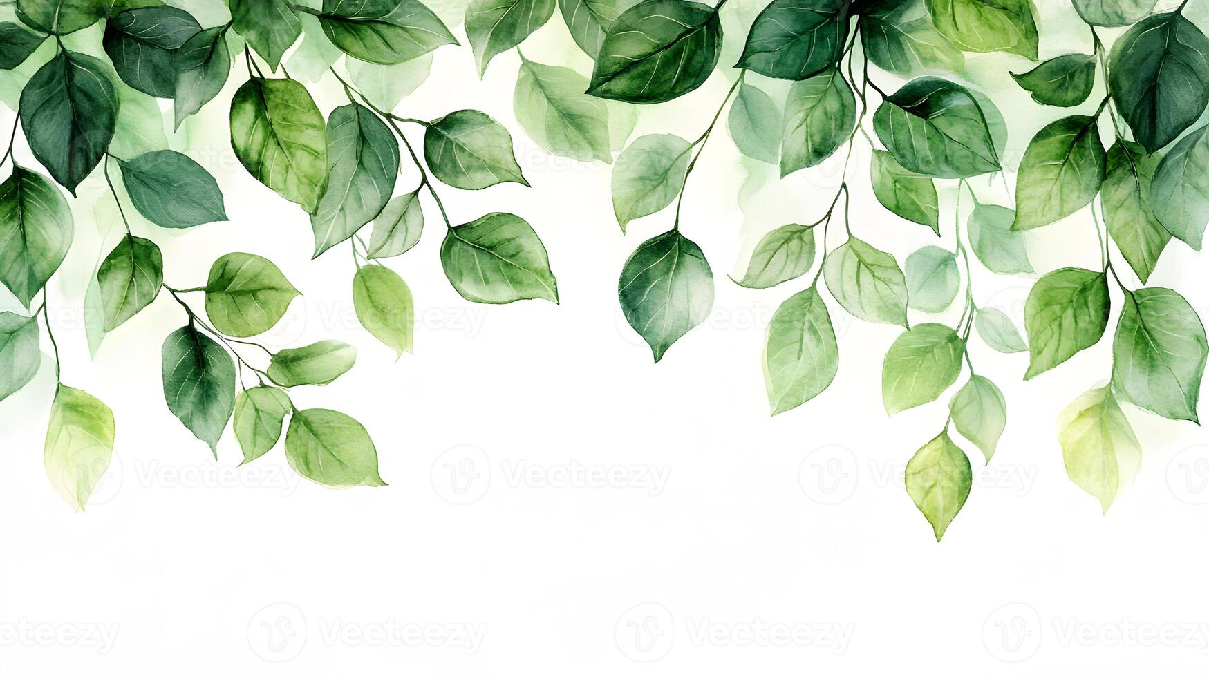 Fresh green leaves arranged in border composition with watercolor effect, featuring various shades and photorealistic botanical details with natural shadows. balanced photo