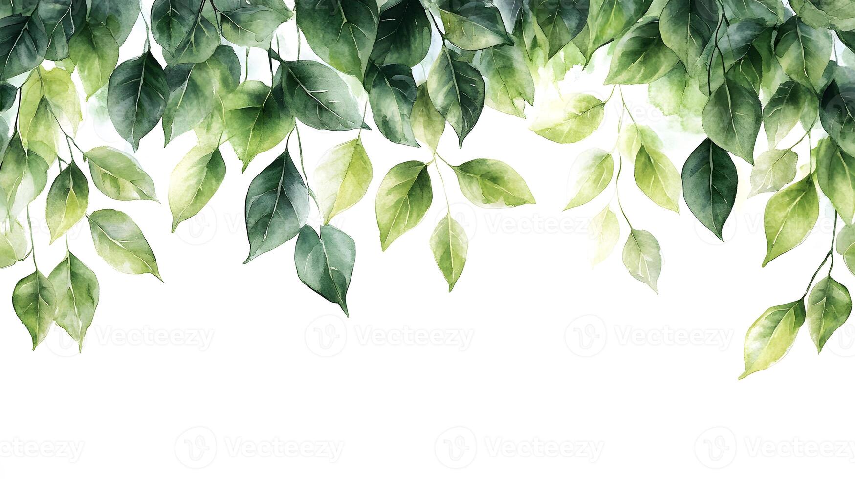 Fresh green leaves arranged in border composition with watercolor effect, featuring various shades and photorealistic botanical details with natural shadows. energetic photo