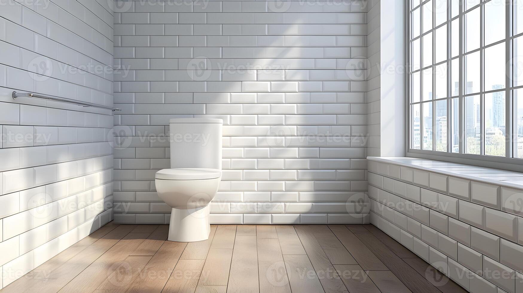 Contemporary white toilet in bright bathroom interior with glossy subway tiles and wooden floor, featuring minimalist design and chrome details in pristine condition. bathroom photo