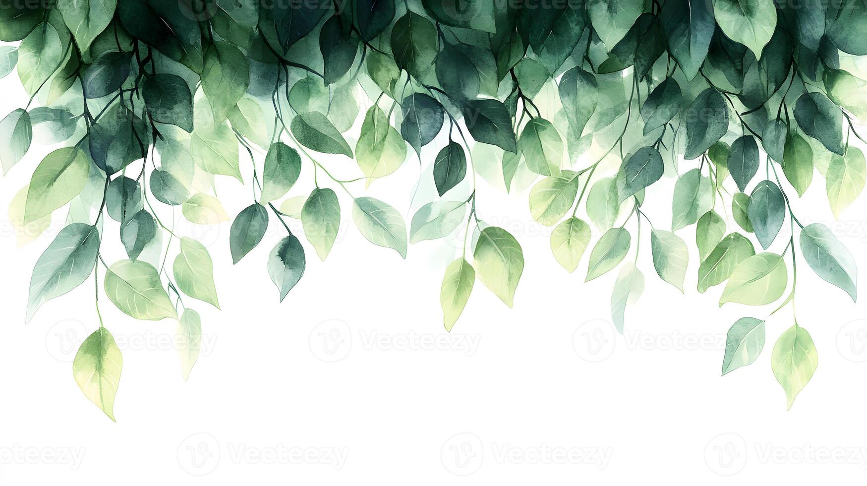 Fresh green leaves arranged in border composition with watercolor effect, featuring various shades and photorealistic botanical details with natural shadows. lively photo