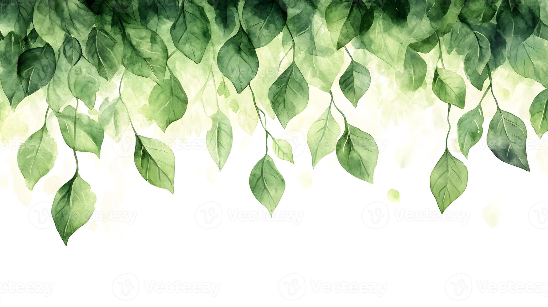 Fresh green leaves arranged in border composition with watercolor effect, featuring various shades and photorealistic botanical details with natural shadows. border photo