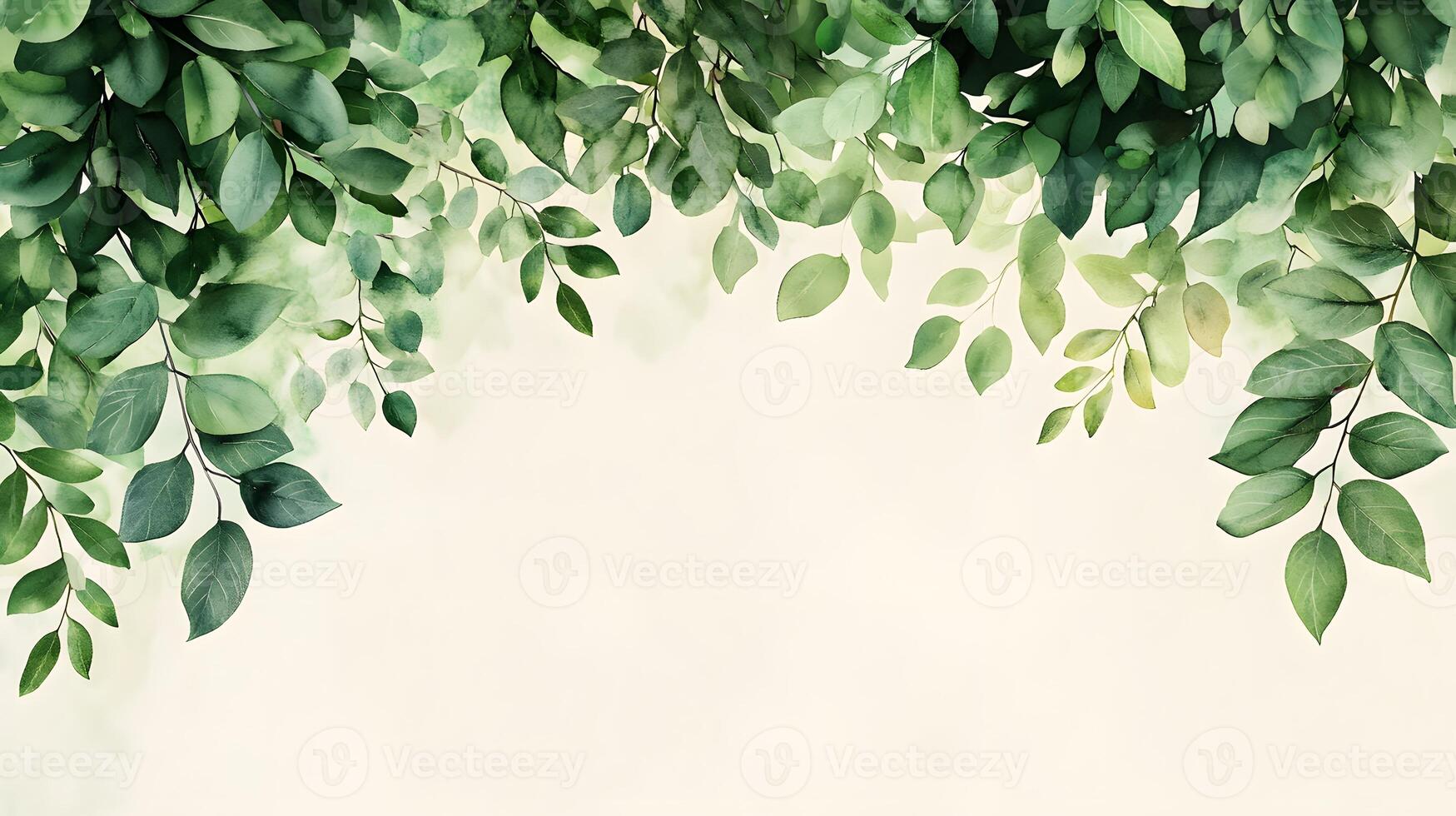 Fresh green leaves arranged in border composition with watercolor effect, featuring various shades and photorealistic botanical details with natural shadows. illustration photo