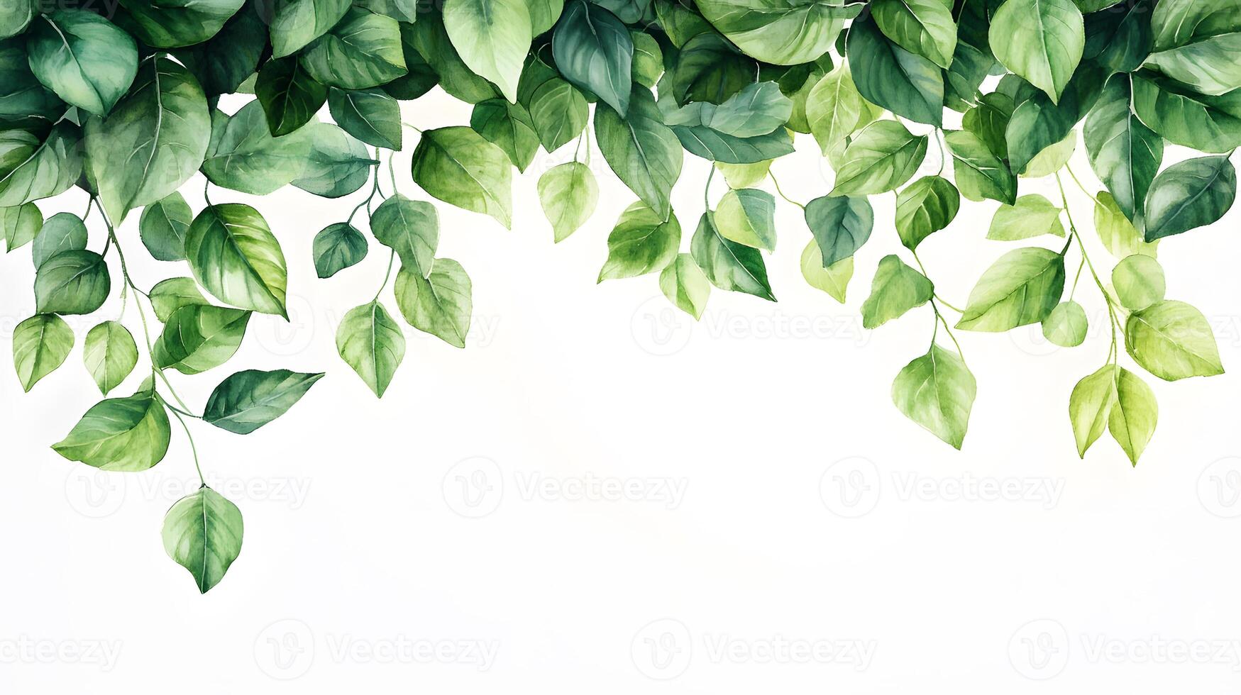 Fresh green leaves arranged in border composition with watercolor effect, featuring various shades and photorealistic botanical details with natural shadows. fresh photo