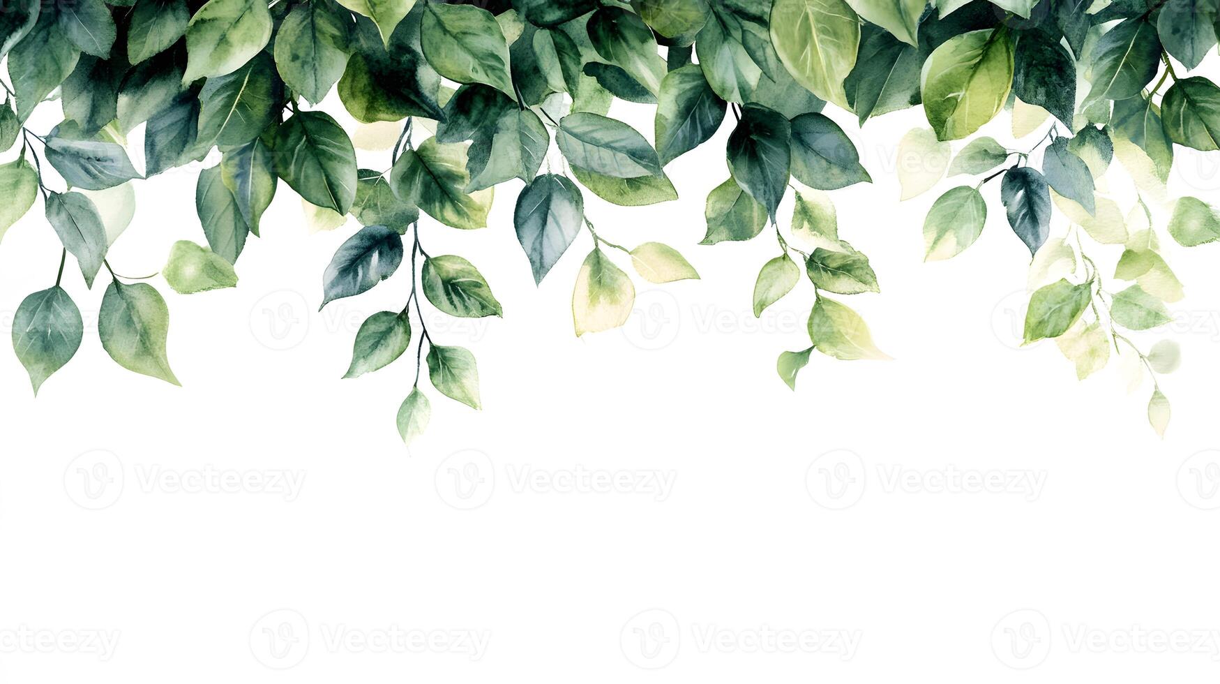 Fresh green leaves arranged in border composition with watercolor effect, featuring various shades and photorealistic botanical details with natural shadows. arrangement photo