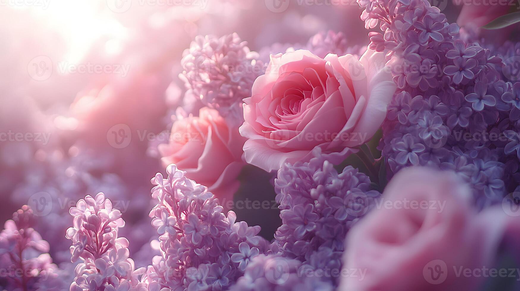 Elegant floral arrangement combining pink roses and purple lilacs with soft bokeh background, creating dreamy atmosphere with ethereal lighting and macro details. styling photo