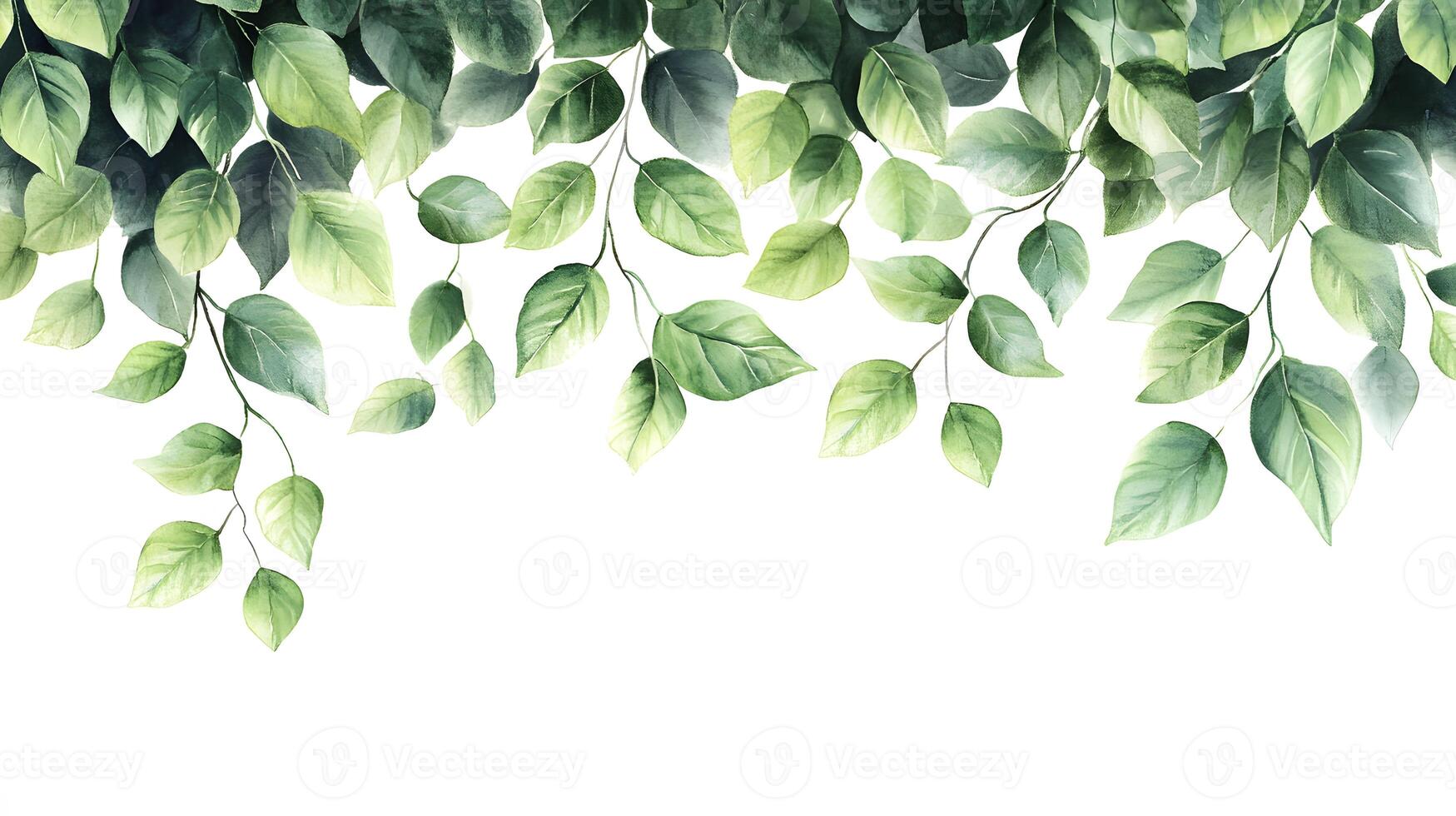 Fresh green leaves arranged in border composition with watercolor effect, featuring various shades and photorealistic botanical details with natural shadows. watercolor photo