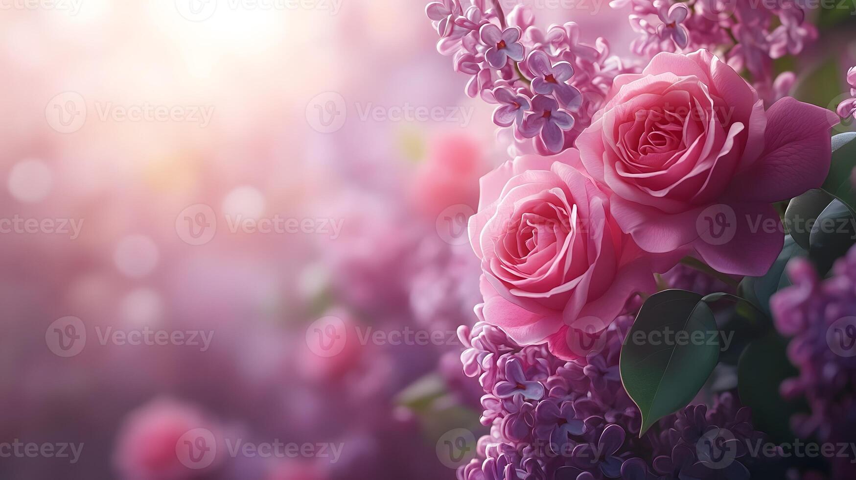 Elegant floral arrangement combining pink roses and purple lilacs with soft bokeh background, creating dreamy atmosphere with ethereal lighting and macro details. misty photo