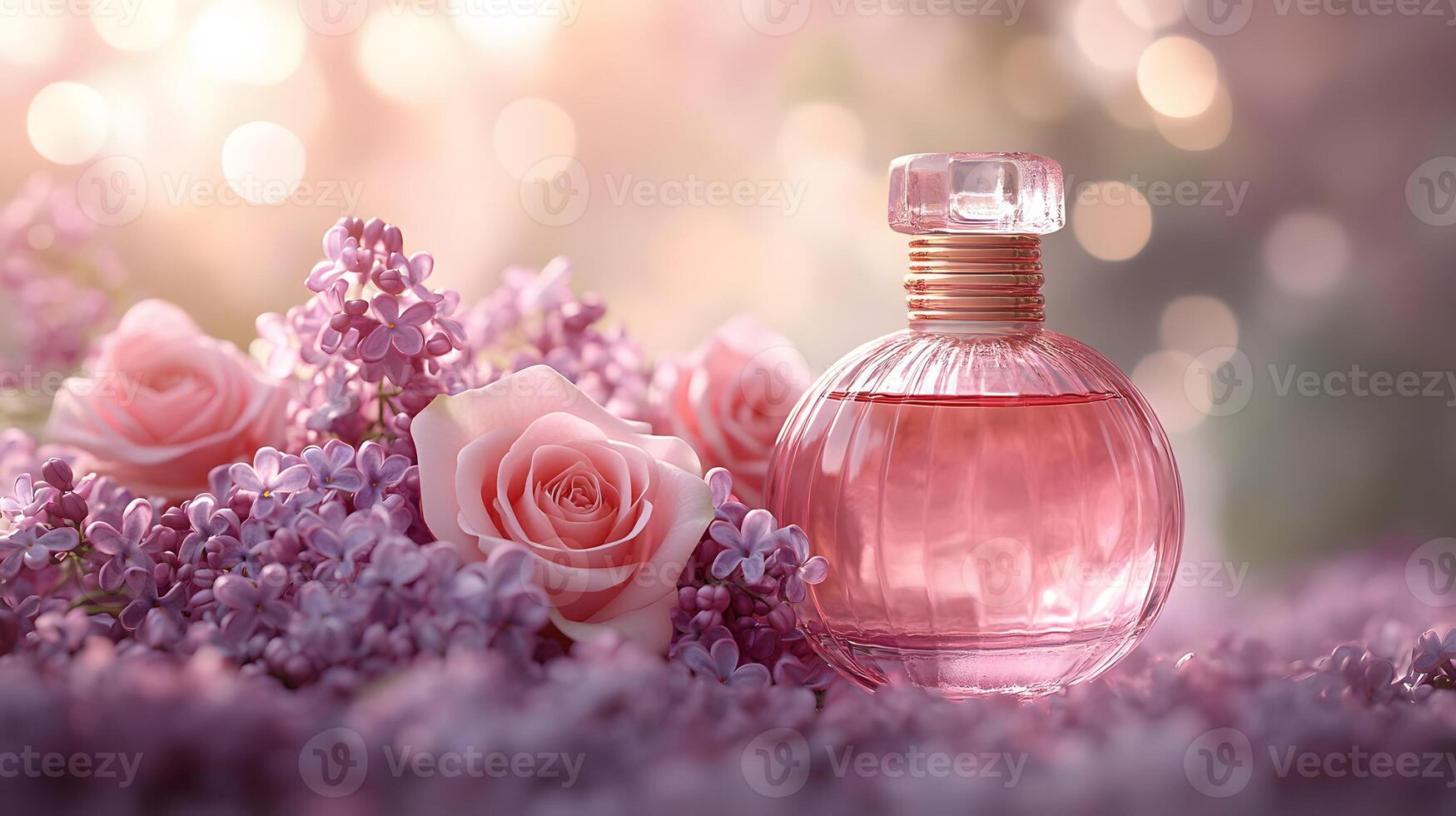 Elegant floral arrangement combining pink roses and purple lilacs with soft bokeh background, creating dreamy atmosphere with ethereal lighting and macro details. romantic photo