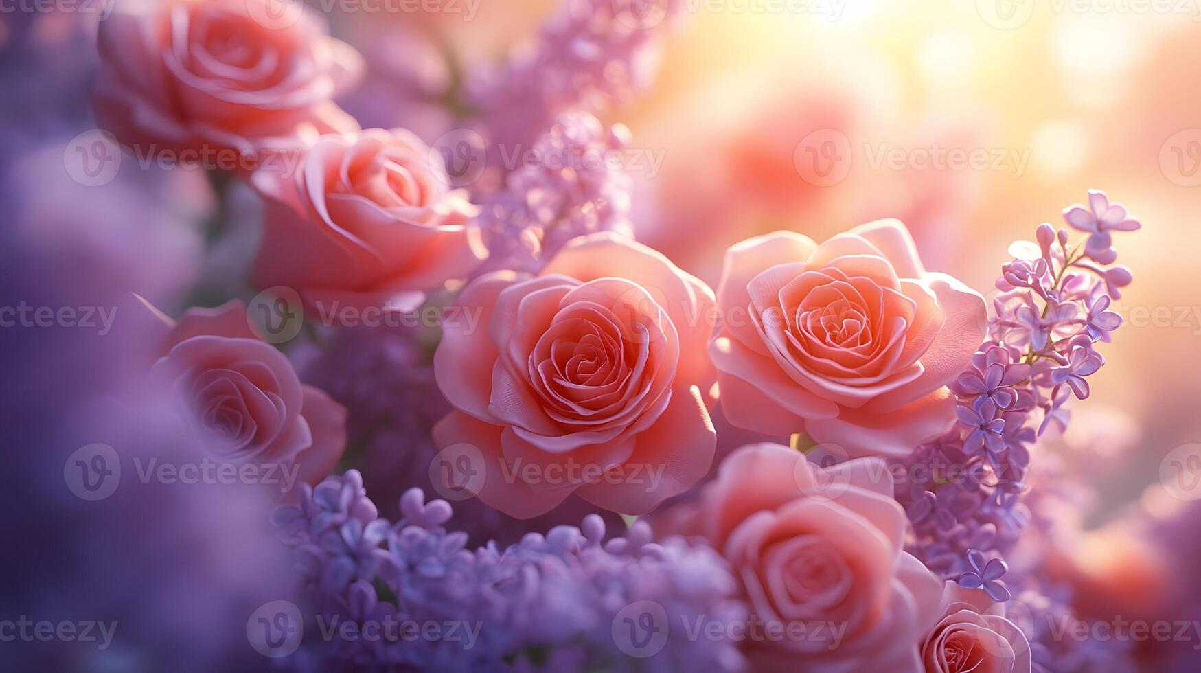 Elegant floral arrangement combining pink roses and purple lilacs with soft bokeh background, creating dreamy atmosphere with ethereal lighting and macro details. pastel photo