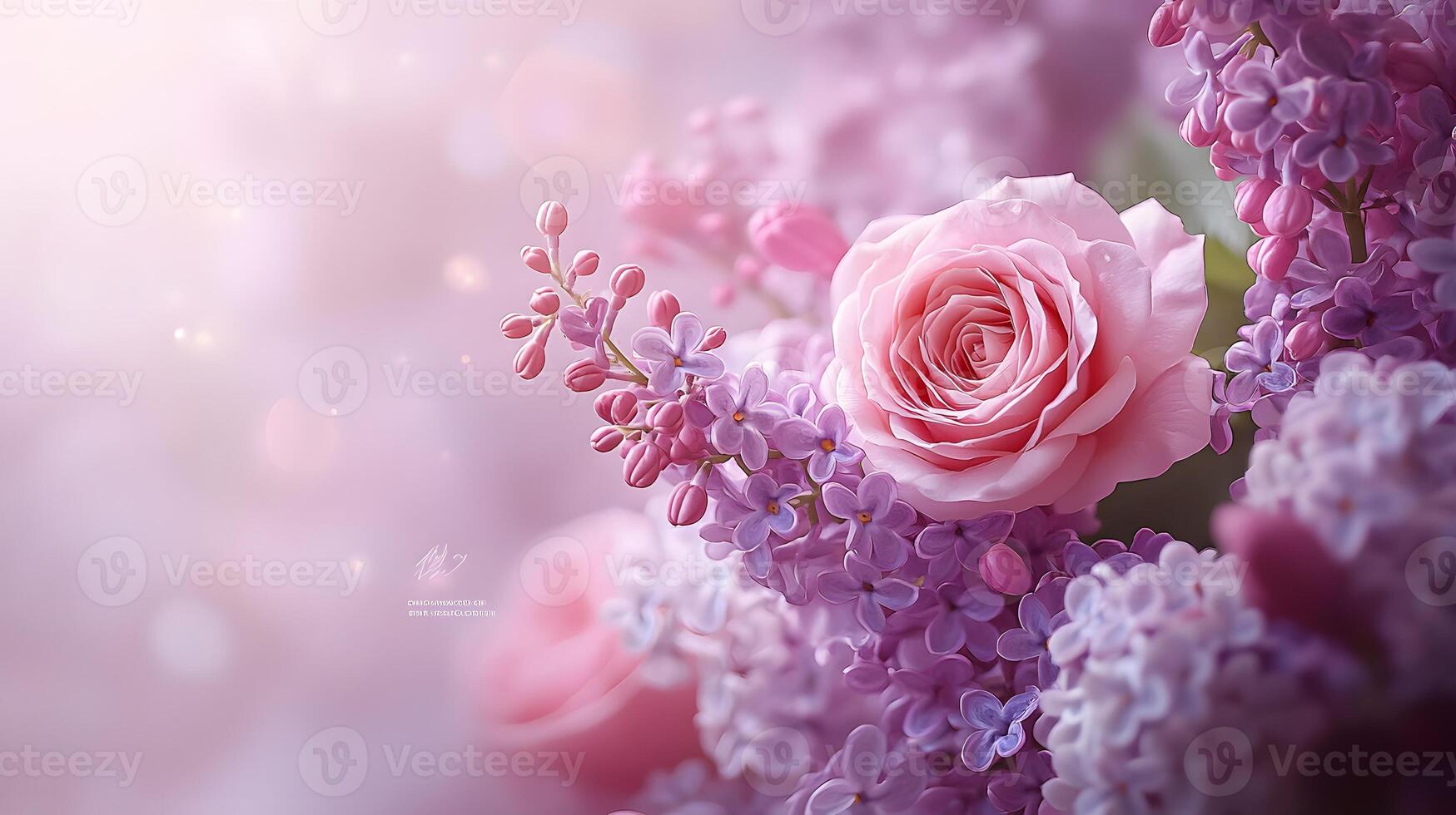 Elegant floral arrangement combining pink roses and purple lilacs with soft bokeh background, creating dreamy atmosphere with ethereal lighting and macro details. floral photo