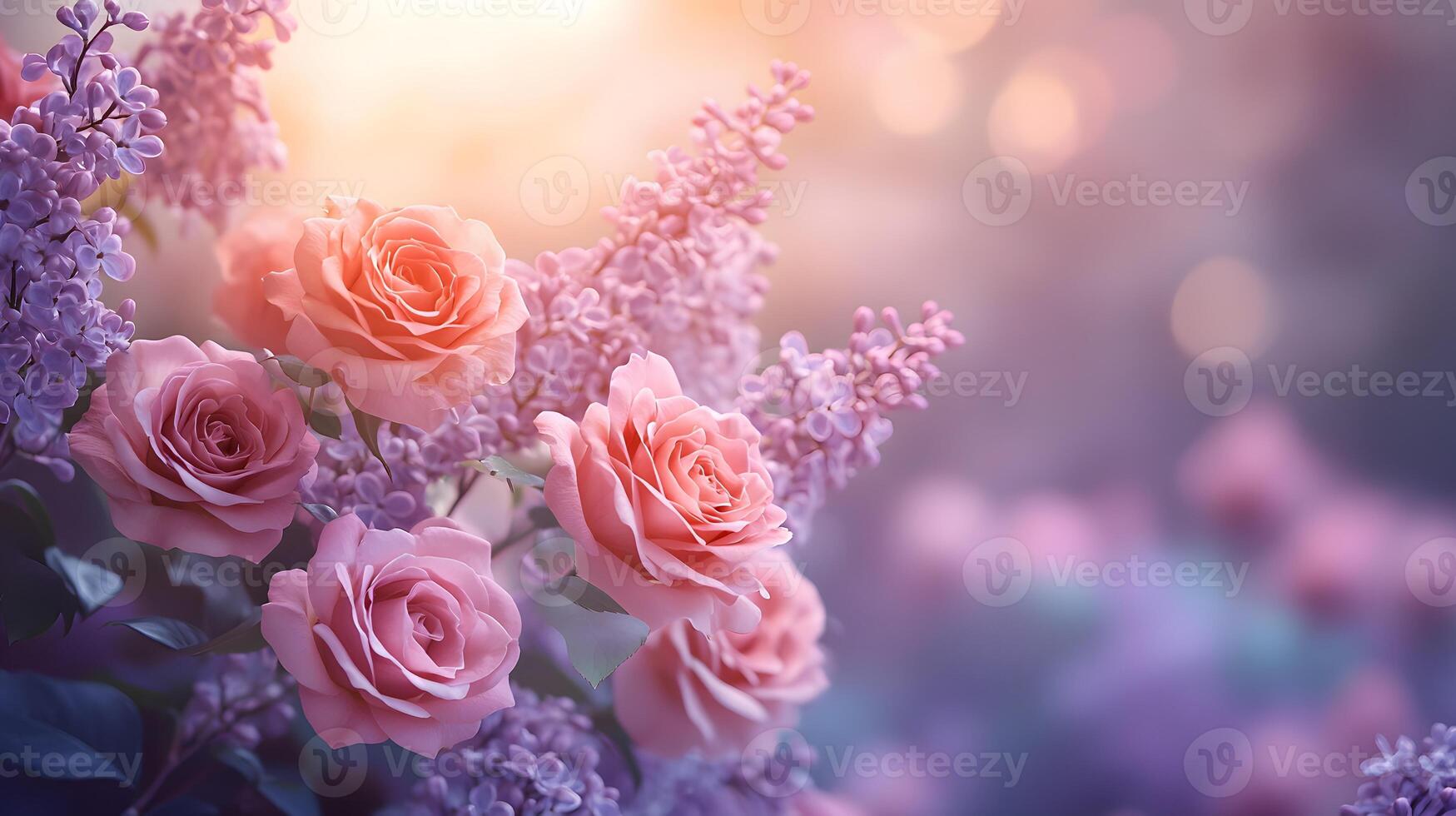 Elegant floral arrangement combining pink roses and purple lilacs with soft bokeh background, creating dreamy atmosphere with ethereal lighting and macro details. delicate photo