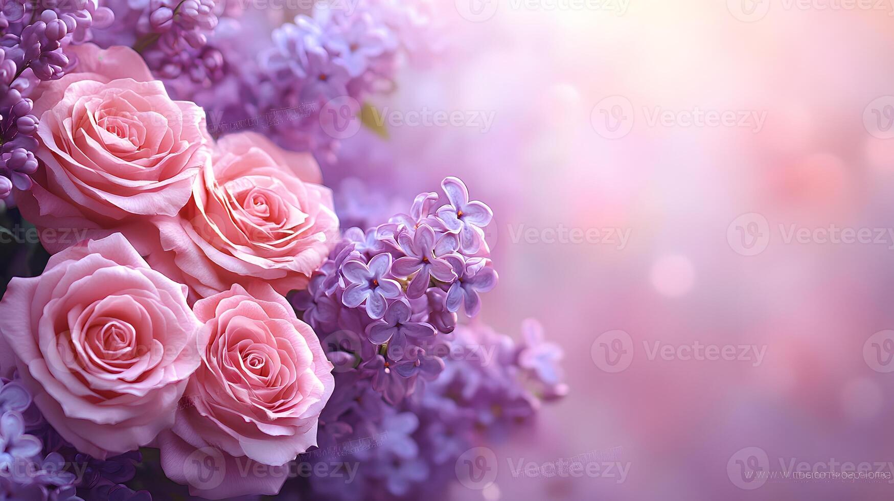 Elegant floral arrangement combining pink roses and purple lilacs with soft bokeh background, creating dreamy atmosphere with ethereal lighting and macro details. dreamy photo