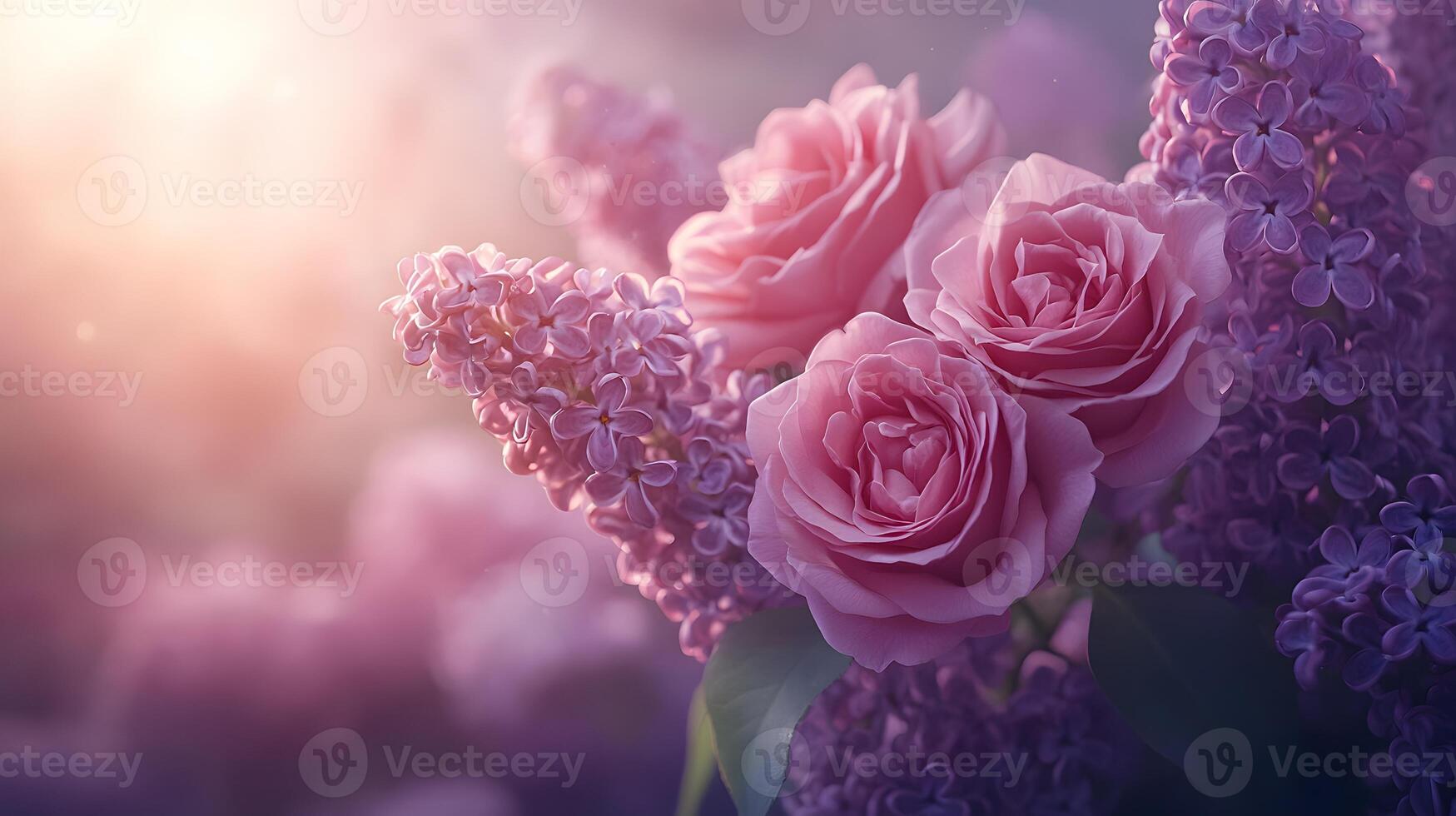 Elegant floral arrangement combining pink roses and purple lilacs with soft bokeh background, creating dreamy atmosphere with ethereal lighting and macro details. arrangement photo