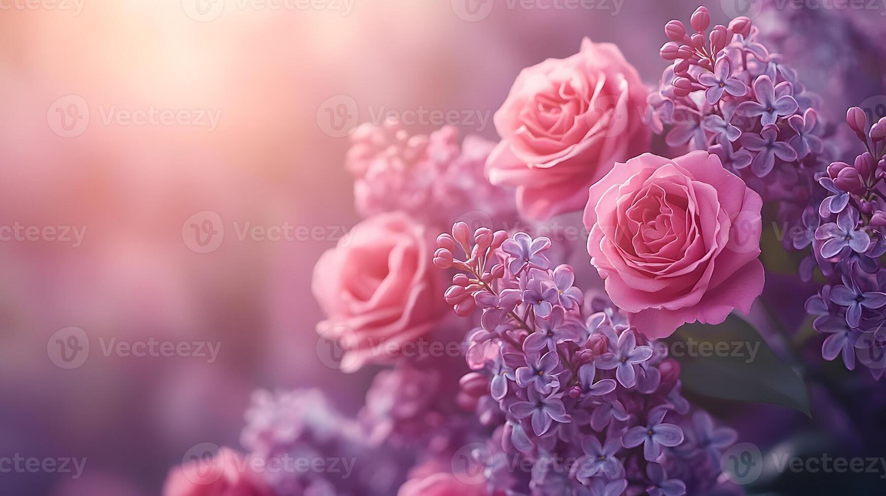 Elegant floral arrangement combining pink roses and purple lilacs with soft bokeh background, creating dreamy atmosphere with ethereal lighting and macro details. professional photo