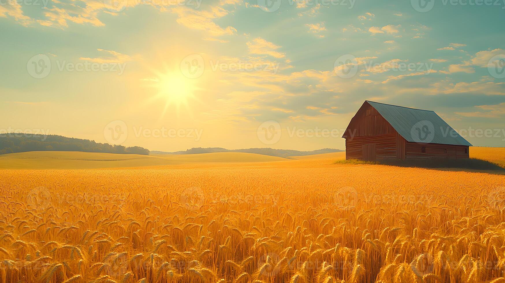 Panoramic rural farm landscape featuring red barn and golden wheat field against blue sky with dramatic sunburst, captured during golden hour with rolling hills. pastoral photo