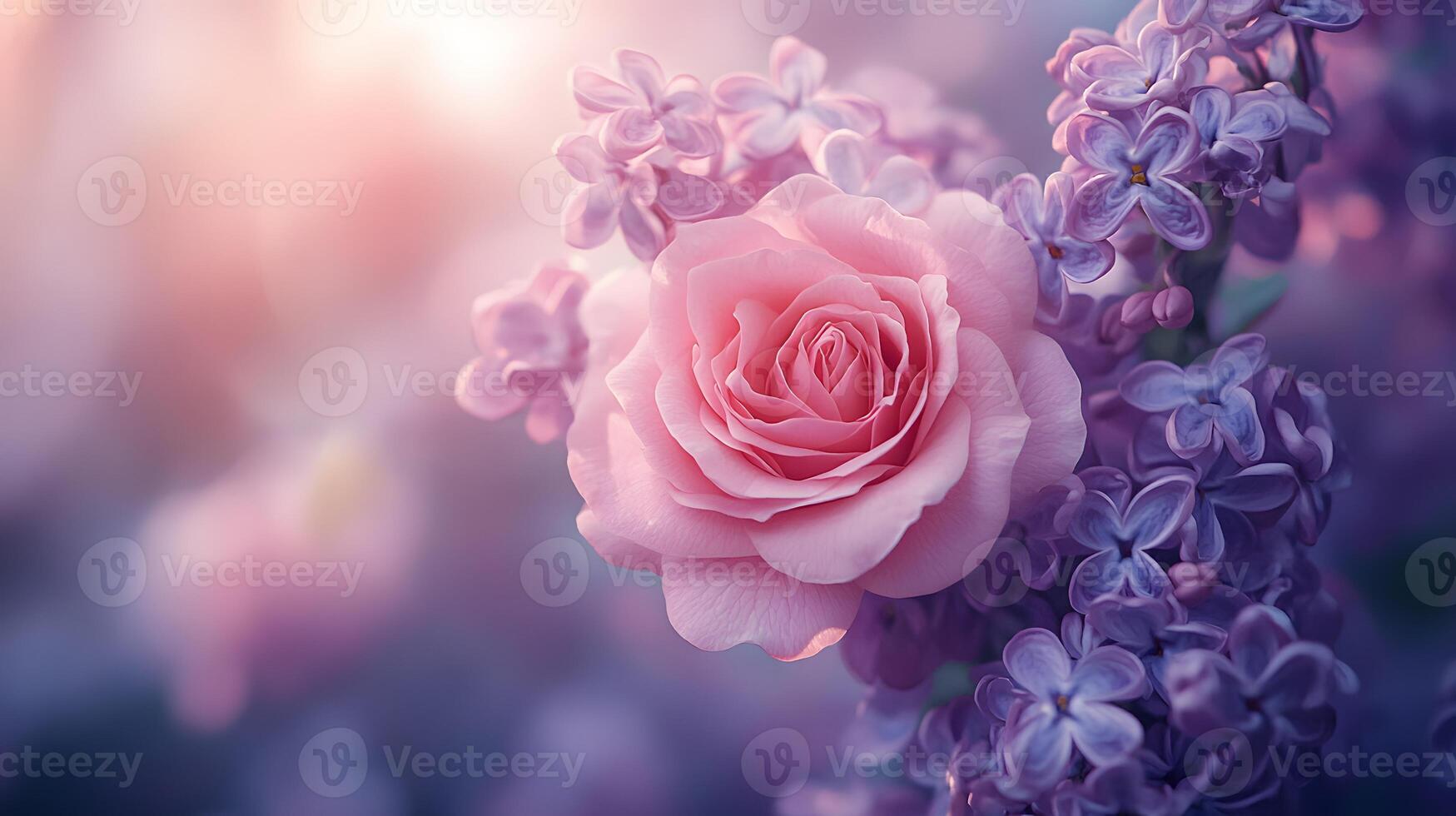 Elegant floral arrangement combining pink roses and purple lilacs with soft bokeh background, creating dreamy atmosphere with ethereal lighting and macro details. bokeh photo