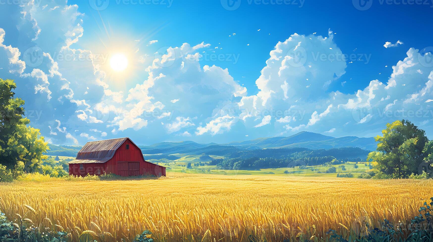 Panoramic rural farm landscape featuring red barn and golden wheat field against blue sky with dramatic sunburst, captured during golden hour with rolling hills. barn photo